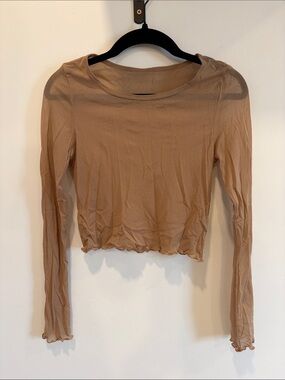 aerie Sheer Long Sleeve Cropped Top in Tan